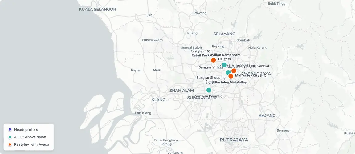 Klang Valley cluster: 9 premium salons, each within 30 km of the 1979 founding site at Wisma HLA.