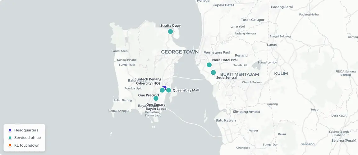 Penang Island cluster: 7 serviced offices around the semiconductor corridor, plus one KL touchdown for cross-market clients.