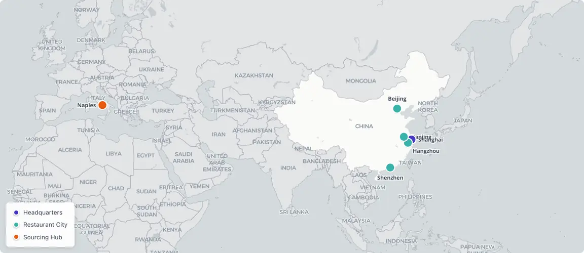 Five Chinese cities + one Naples anchor — the import corridor that defines Alimentari's geography, not just the restaurant footprint.