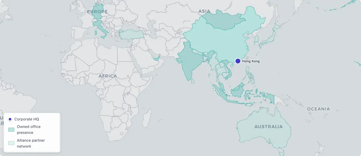 23 countries — 11 owned offices, 12 alliance partners — built without rotating expatriates.