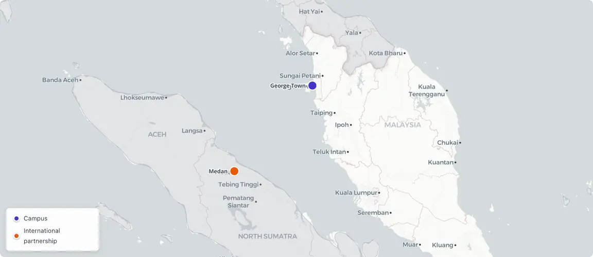 Nine shophouses in a UNESCO zone, 350 multinational employers within 30 kilometres β Forward College's geography is its curriculum. One Penang campus. International growth through partnerships, not new campuses.