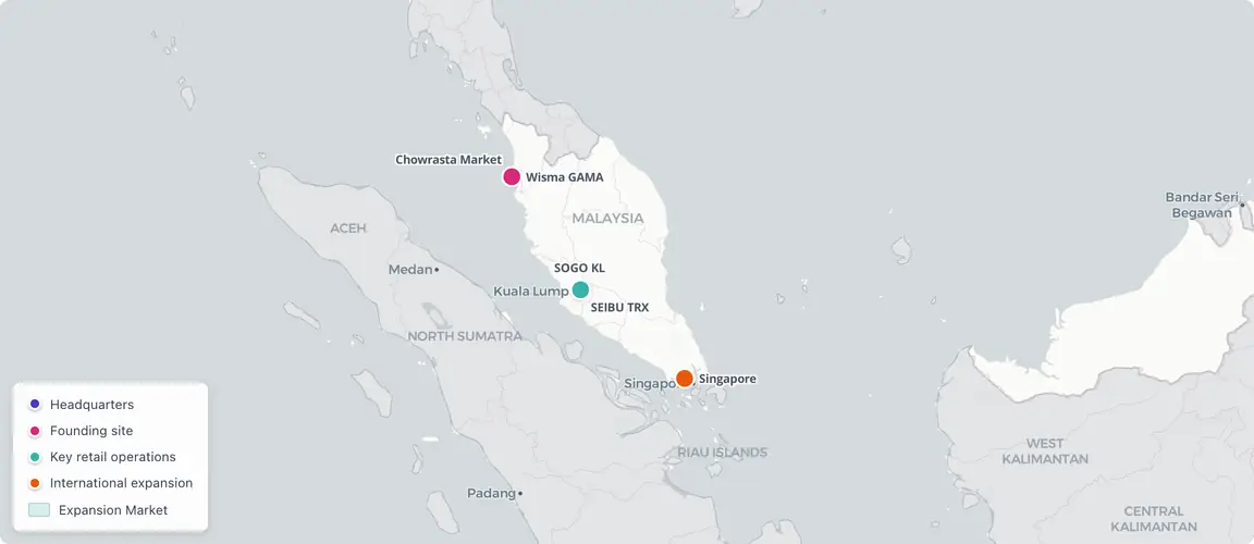 Chowrasta Market 1967 → 240 stores assembled through four turnaround acquisitions (SOGO KL 2002, GCH Retail 2023, Cold Storage / Giant Singapore 2025). Every node beyond Penang was bought at distress prices, not built.