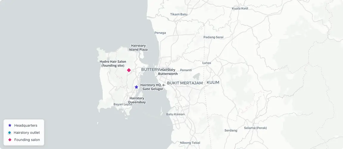 Penang concentration: 16 outlets across the island and mainland, plus one Klang Valley anchor at Damansara Utama — all owner-operated, none franchised.