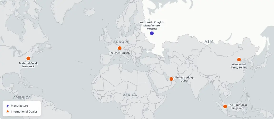 Moscow, Nagatinsky Zaton: one atelier, 60 employees, 200–300 watches per year. From this single address, 80% of production reaches Zurich, Dubai, Singapore, New York, and Beijing through 22 dealers in 19 countries.