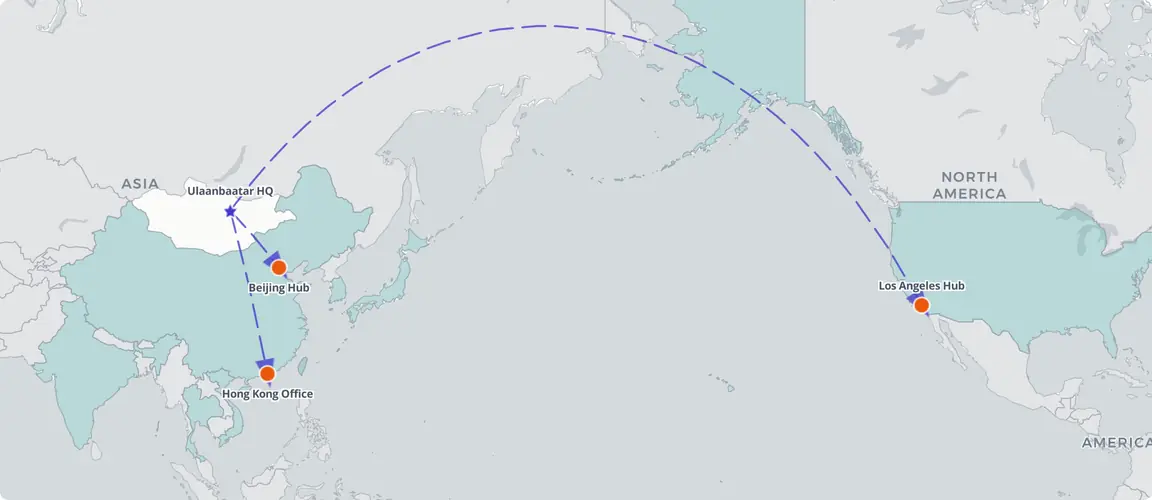 Twelve export markets across four continents, reached through three self-built distribution hubs — Los Angeles, Beijing, Hong Kong.
