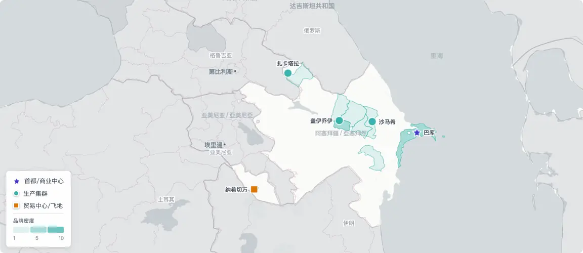 阿塞拜疆的创始人地图呈双层结构——巴库集中了依托石油繁荣建立的大型分销网络总部，地区飞地则留存着一批独立创始人，他们在石油红利与寡头网络之外各自发展。