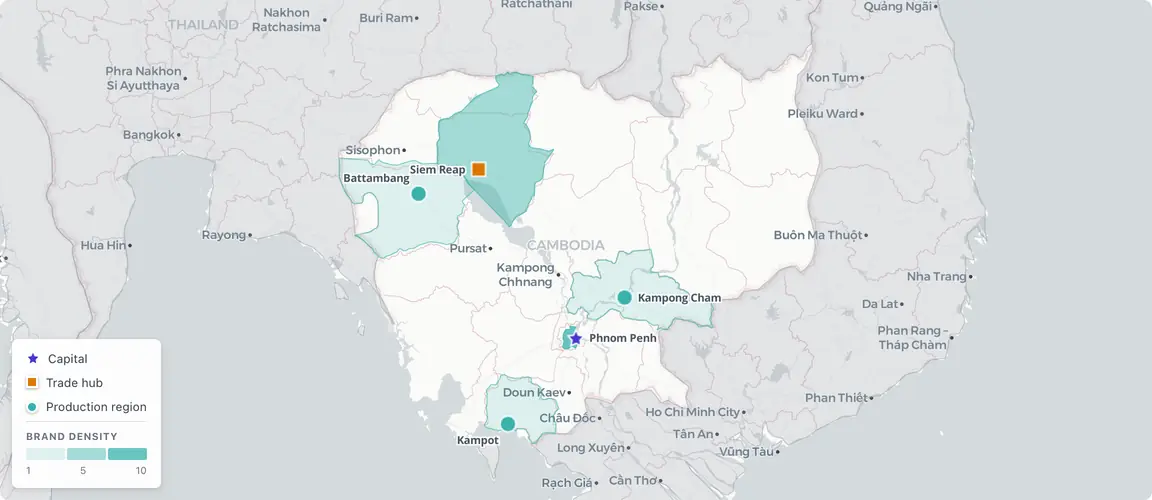 Founder-owned brands follow two founding geographies — Phnom Penh concentrating hospitality, food, and beauty brands built by diaspora returnees; Kampot, Battambang, and Kampong Cham anchoring the provenance agriculture brands that survived genocide and rebuilt into internationally certified export stories — succession pressure now simultaneous across both poles.
