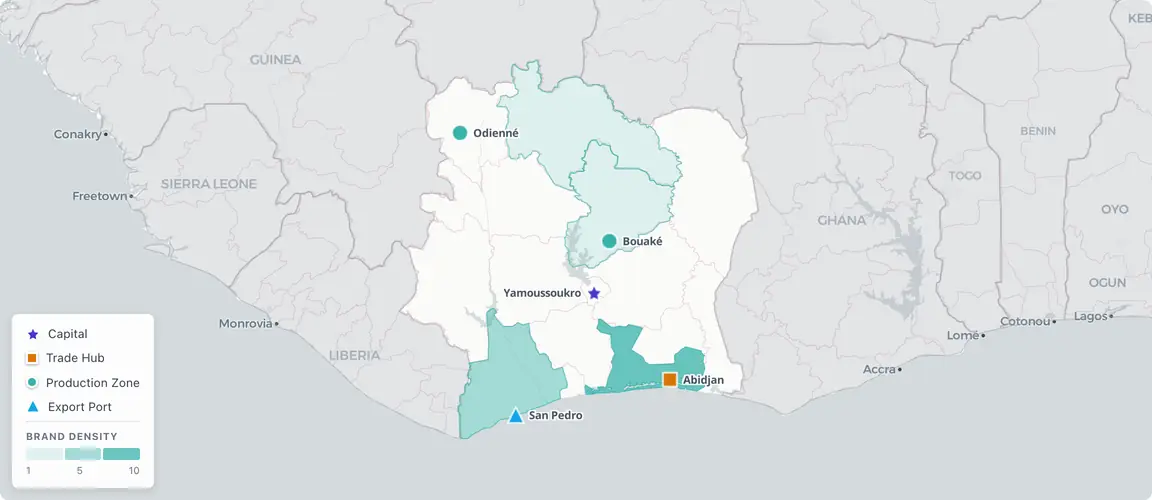 Brand activity concentrates in Abidjan, which by Brandmine's sector mapping hosts roughly 80% of founder-owned consumer businesses, while the value chain extends north to the cashew belt around Odienné and Bouaké and south to the cocoa and cashew export gateway at San Pedro — each zone carrying its own civil-war documentation and succession dynamics.