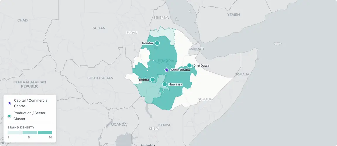 Ethiopia's founder-owned brands concentrate across three nodes — Addis Ababa's commercial headquarters cluster, Oromia's coffee belt stretching from Jimma westward to the Kaffa forest, and the northern heritage hospitality corridor through Gondar and Lalibela — with the Tigray War devastating the northern corridor and creating simultaneous reconstruction and succession pressure.