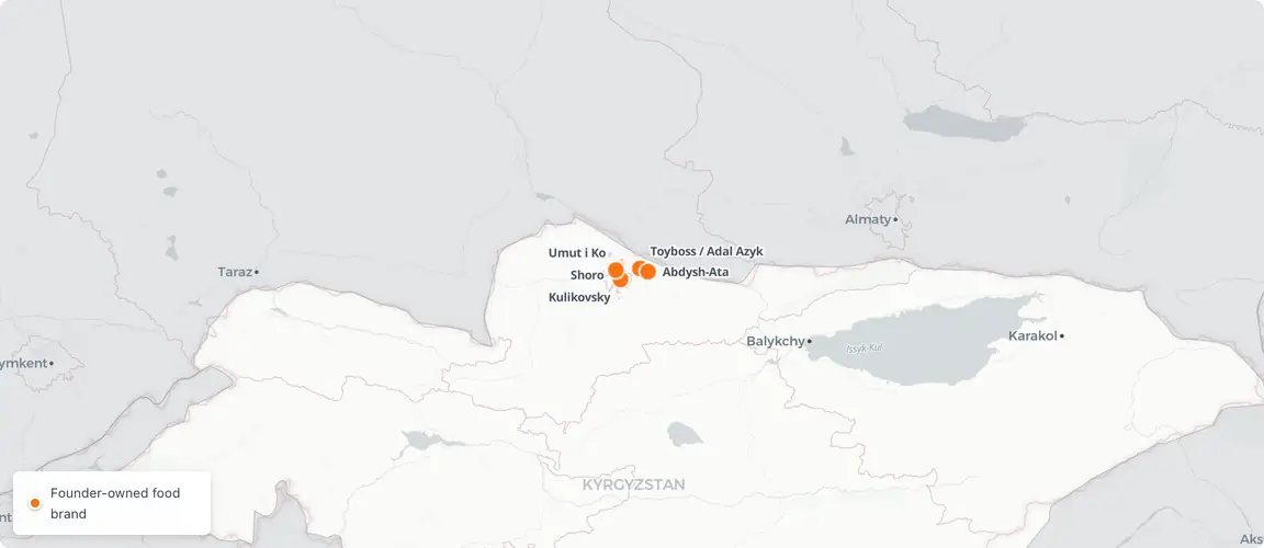 Kyrgyzstan's founder-owned food brands cluster in a single Bishkek–Chuy corridor — national champions from one valley.