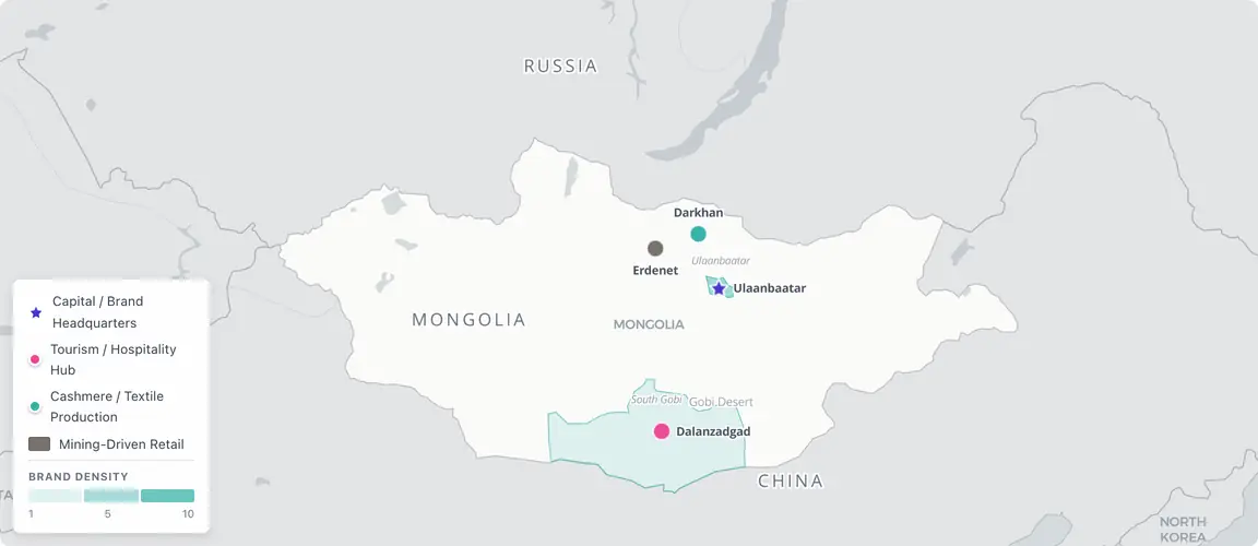 Founder-owned consumer brands concentrate overwhelmingly in Ulaanbaatar β home to half the national population β with hospitality extending to the Gobi and cashmere production spreading north; succession pressure hits all five sectors simultaneously from this single concentration point.