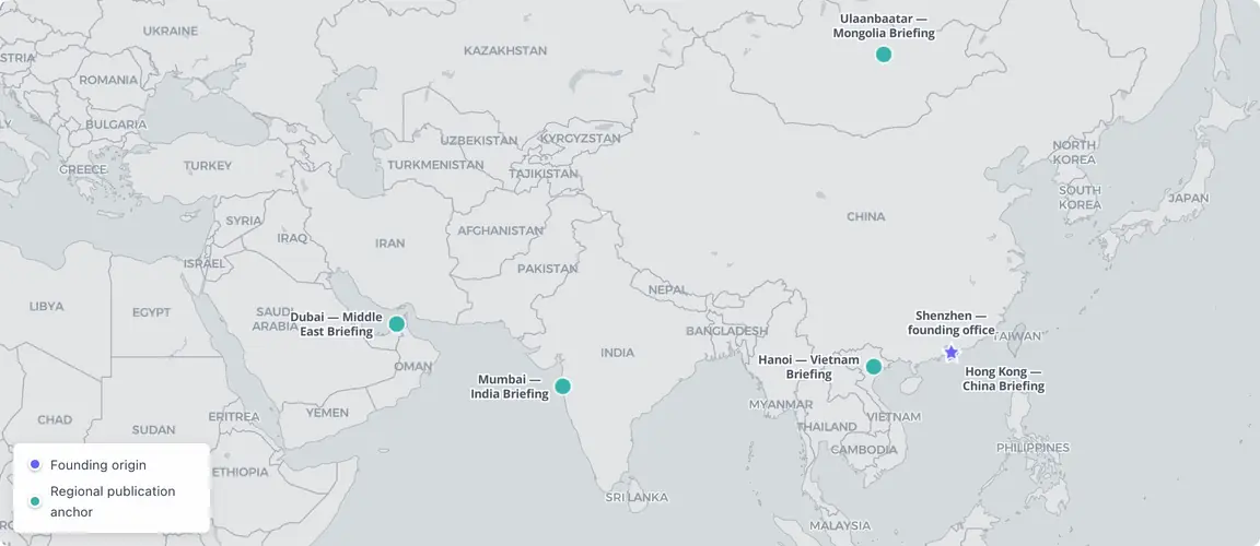 Seven publications arcing 9,000 kilometres from the Pearl River Delta to the Persian Gulf and Moscow — each launched before rivals entered the same geography, building reader loyalty and institutional trust that no late entrant can replicate.