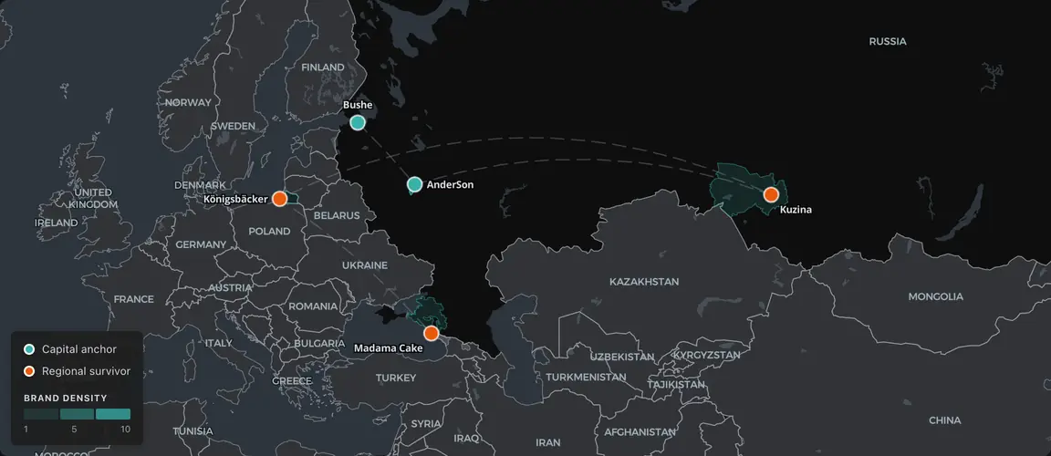 Two capitals hold the center. Three regions hold the edge.