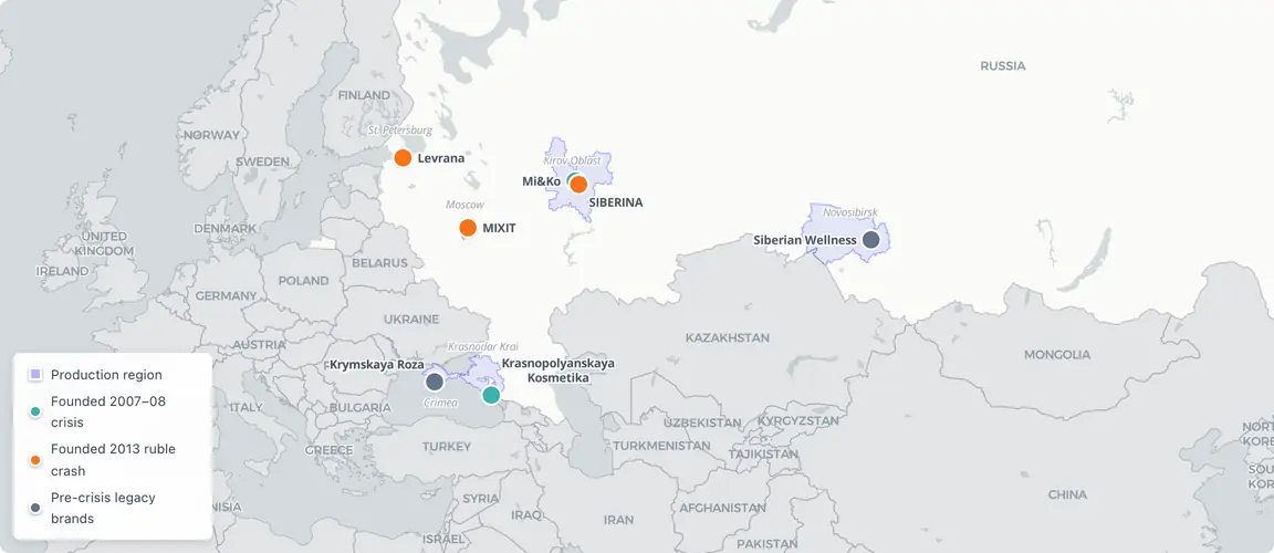 Five regions, one sector — Russia's natural beauty founders built where logistics work, not where botanicals grow.