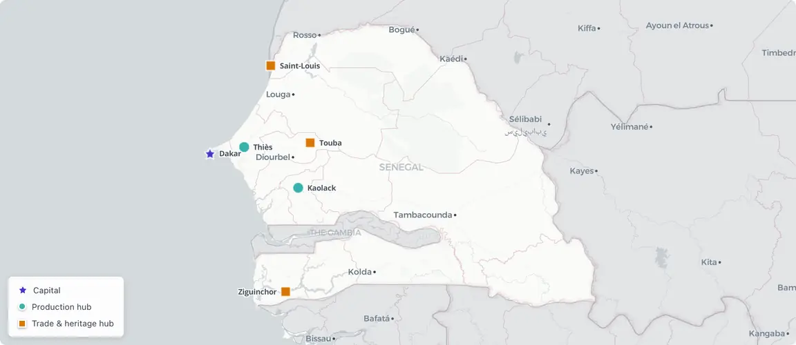 Brand activity concentrates in two corridors — the Dakar–Thiès axis anchoring fashion, food processing, and cosmetics, and the Casamance–Kaolack belt supporting agro-export and beverages — while Touba's Mouride commerce and Saint-Louis's heritage hospitality brands form distinct regional clusters, each with its own ownership structure and succession dynamics.