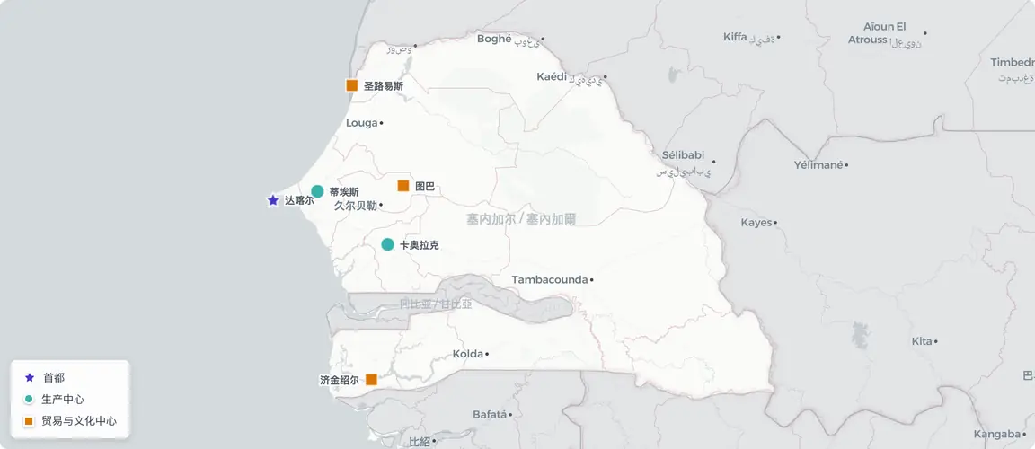 品牌活动集中于两条走廊——以达喀尔-蒂埃斯轴线为核心的时装、食品加工和美妆集群，以及支撑农产品出口和饮料的卡萨芒斯-卡奥拉克地带——穆里德兄弟会的图巴商业重镇与圣路易斯遗产旅游品牌则构成各具特色的区域集群，各有其所有权结构与接班动态。