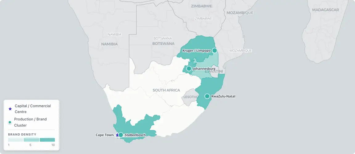 South Africa's founder-owned brands split across three geographically separated clusters β the Western Cape wine and natural beauty corridor radiating from Cape Town through Stellenbosch and Franschhoek, the GautengβKwaZulu-Natal commercial arc, and the Limpopo safari lodge heartland β with each cluster carrying a distinct founder cohort shaped by a different reform wave.