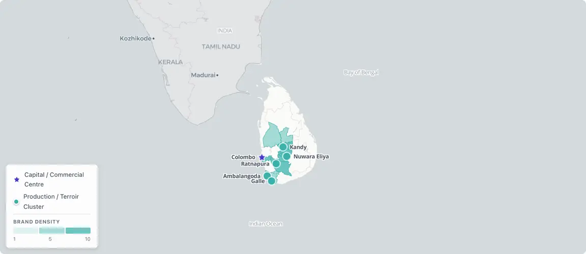 Founder-owned brands divide across two distinct geographies β the Colombo commercial corridor (headquarters, Ayurvedic wellness, processed food) and the central highland arc from Kandy through Nuwara Eliya to Ratnapura (tea, gems, cinnamon) β with a southern coast boutique hospitality cluster; succession pressure across all three zones is compressed by the 2022 diaspora drain that removed the next-generation succession pool.