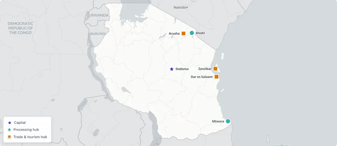 Tanzania's qualifying founder-owned brands cluster along two axes — the agricultural processing belt (Zanzibar spices, Mtwara cashews, Moshi coffee) and the northern tourism corridor anchored at Arusha — with Dar es Salaam concentrating food and beverage manufacturing. Zanzibar operates under separate ZIPA jurisdiction. The succession window is open simultaneously across all three corridors.