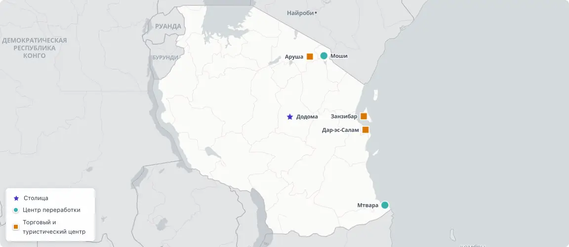 Бренды Танзании, отвечающие критериям, сосредоточены вдоль двух осей: пояс сельскохозяйственной переработки (занзибарские пряности, орехи кешью Мтвары, кофе Моши) и северный туристический коридор с центром в Аруше, при этом Дар-эс-Салам концентрирует пищевое производство. Занзибар работает в рамках отдельной юрисдикции ZIPA. Окно преемственности одновременно открыто во всех трёх коридорах.