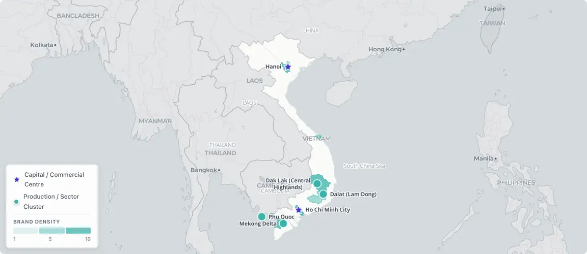 Founder-owned brands concentrate along the southern HCMC–Mekong corridor (coffee, fish sauce, natural beauty) and the Central Highlands arc (Dak Lak coffee, Phu Quoc condiments) — with Hanoi anchoring a distinct northern cluster; the entire Doi Moi generation aged 55–72 faces succession pressure simultaneously across both corridors.