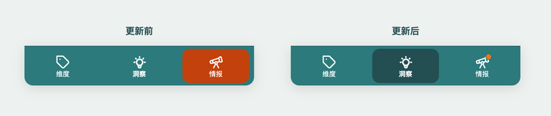 移动端底部菜单更新前后对比,两个版本中洞察标签均处于选中状态